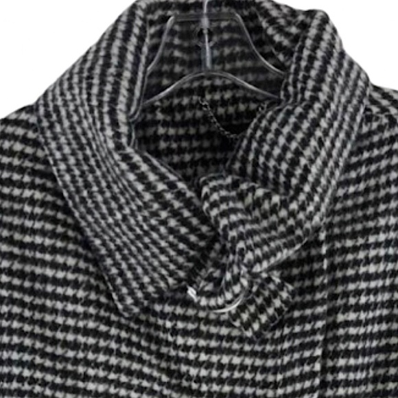 TOPSHOP B/W Houndstooth Wool Blend Pea Coat w Belted Collar & Hem Zipper Pockets - Picture 6 of 13